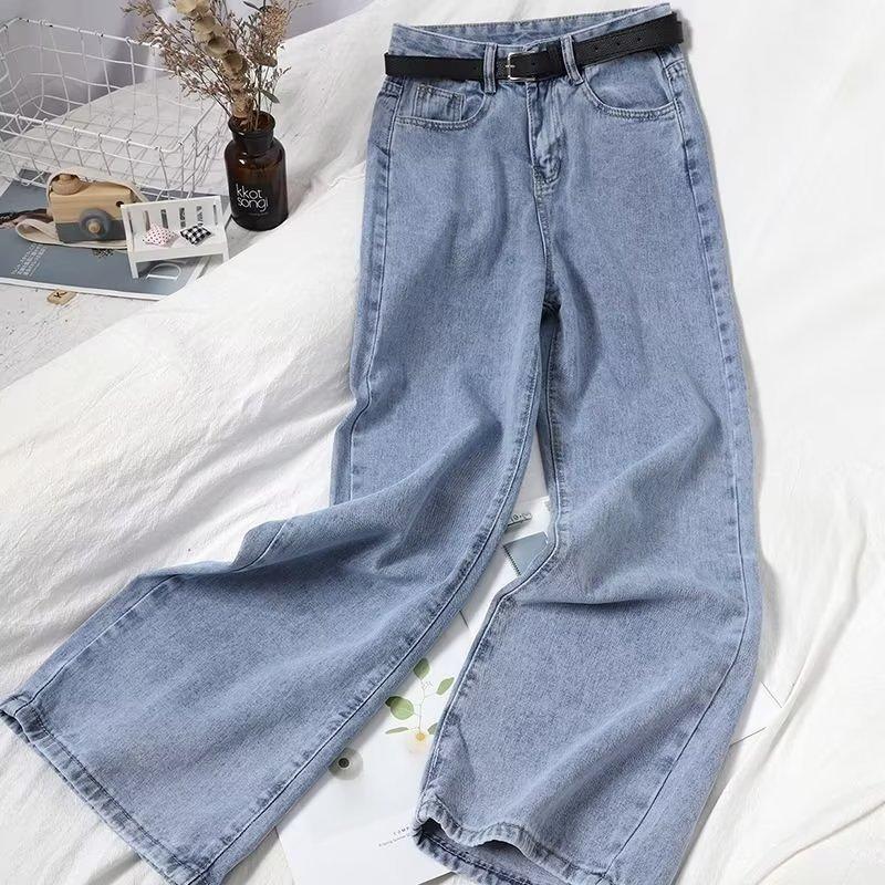 

Черные широкие свободные джинсы женские осенние новые тонкие с высокой талией прямые трубы универсальные длинные брюки-швабры тренд 3XL светло-синий