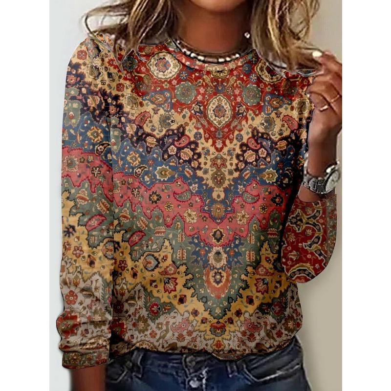 

Круглый вырез 3D принтованный топ ретро модные повседневные длинные рукава женские футболки 5XL