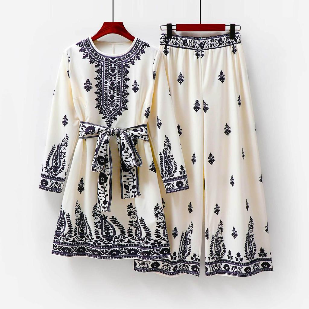 2025 Middle Eastern Ethnic Style Muslim Fashion Print Top and Pants Set with Waist Belt