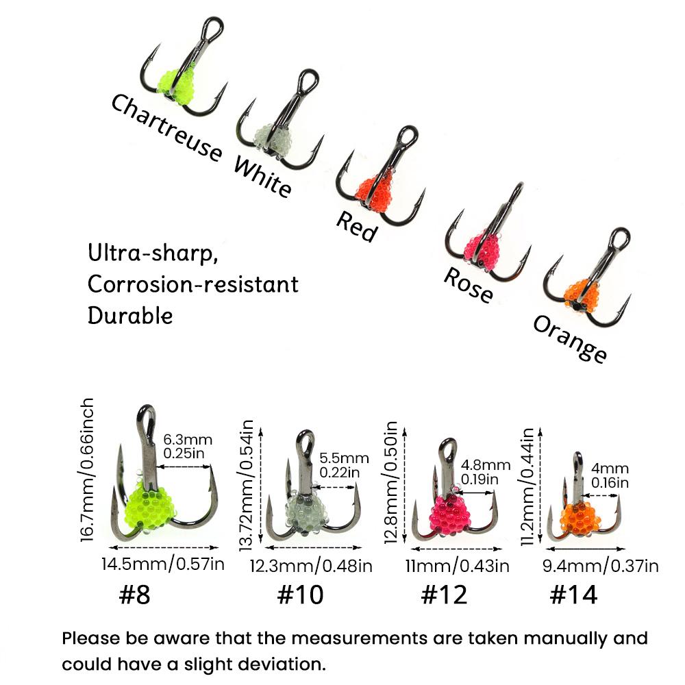 ICERIO 10PCS Lifelike Egg Bead Treble Hooks Glow Ice Fishing High Carbon Steel Sharp Barbed Fishing Hooks for Trout & Salmon