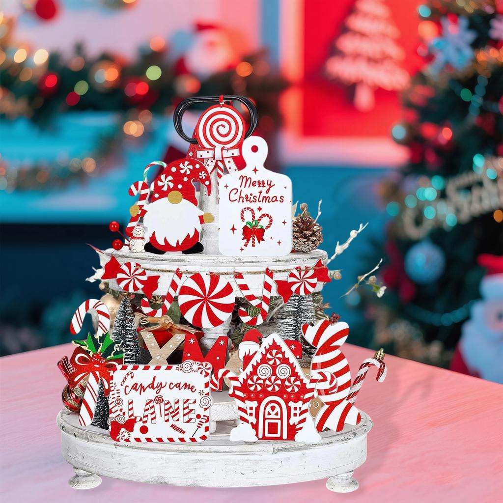 Festive Christmas Tiered Tray Decor Set with Colorful Gnomes and Wooden Farmhouse Accents for Home and Party Décor