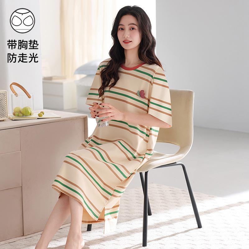 With Chest Pad~ Casual Nightdress Women's Summer Thin Cotton Short-sleeved Striped Medium and Long Dress Large Size Loungewear 55kg