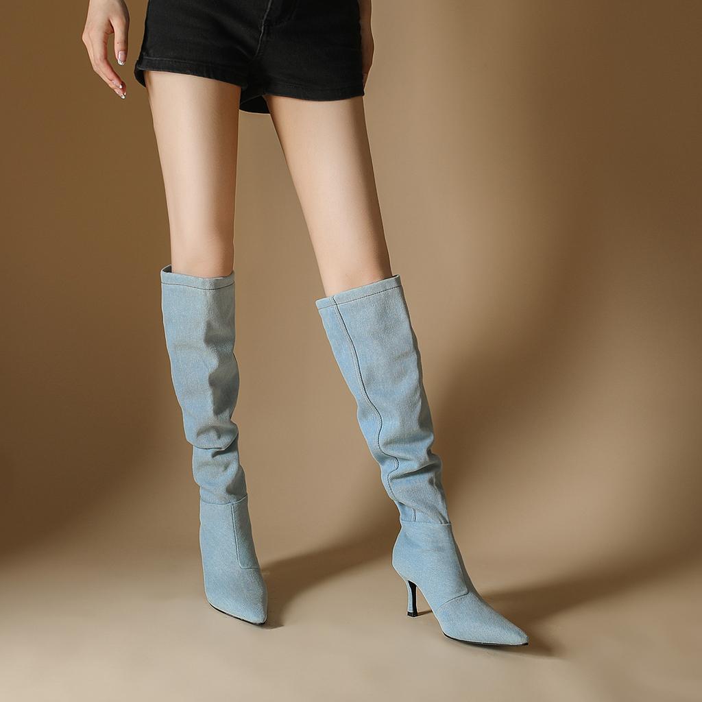 Wide Boots Spice Girls Cowboy Pile Boots High Heel Pointed Boots Thin Heel High Boots Big Boots Women's Boots Boots