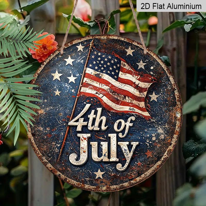 2D Flat, 1pc Round Aluminum Sign, 4th of July Vintage US Flag Design, Patriotic American Independence Day Metal Wall Art, Perfect for Home, Garage