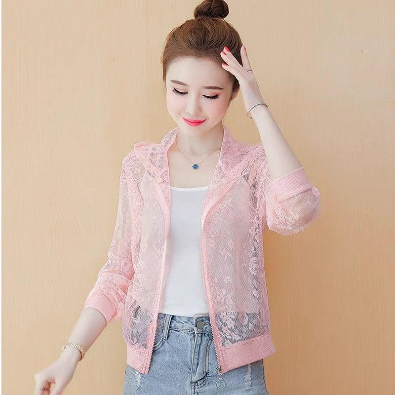 Jaqueta Curta de Renda com Tela para Verão Feminina - Cardigã Versátil de Tamanho Grande com Proteção Solar