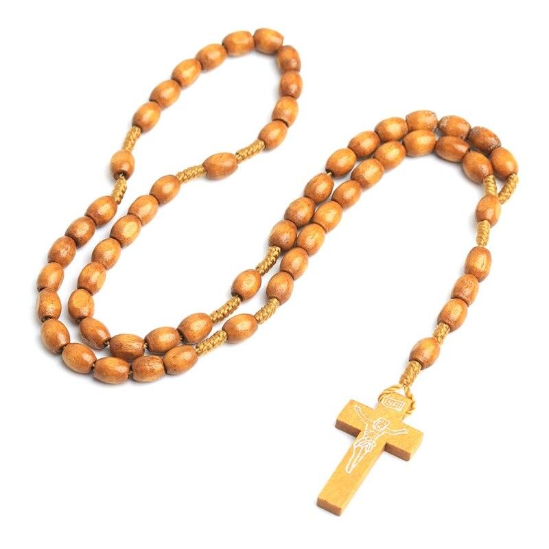 Holzperlen Kreuz Anhänger Rosenkranz Halskette Katholisch Christlich Religiös Jesus Halsketten Männer Frauen Schmuck Anhänger