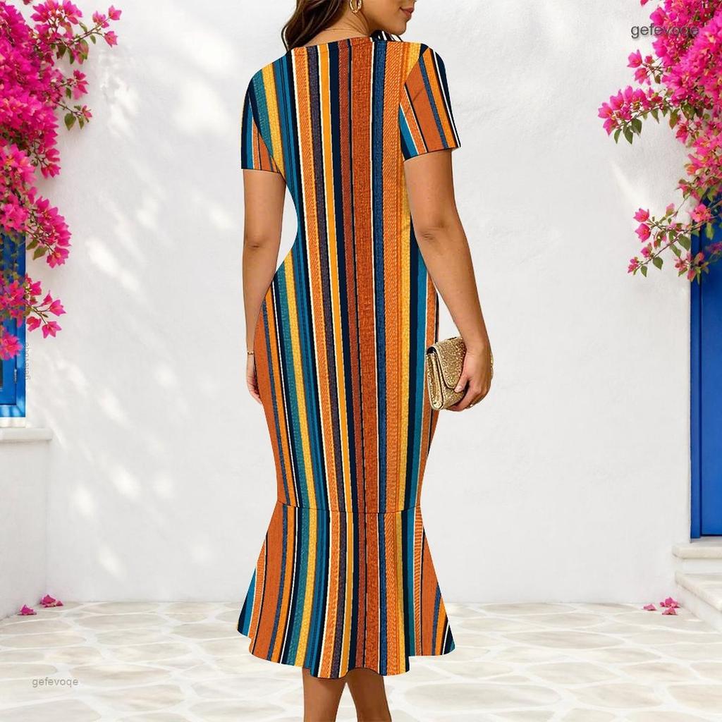 Women Plus Size V Neck Short Sleeve Plaid Printed Fitted Fishtail Midi Dress