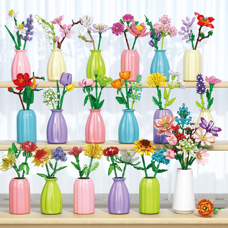 Compatible Lego Small Rose Building Block Bouquet with Vase - Creative Flower Branch Assembly Toy Gift