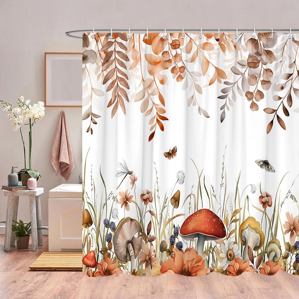 Autumn Eucalyptus Leaves Watercolour Shower Curtain Sagging Yellow Leaves Thanksgiving Gift Fabric Shower Curtain Bathroom Decor
