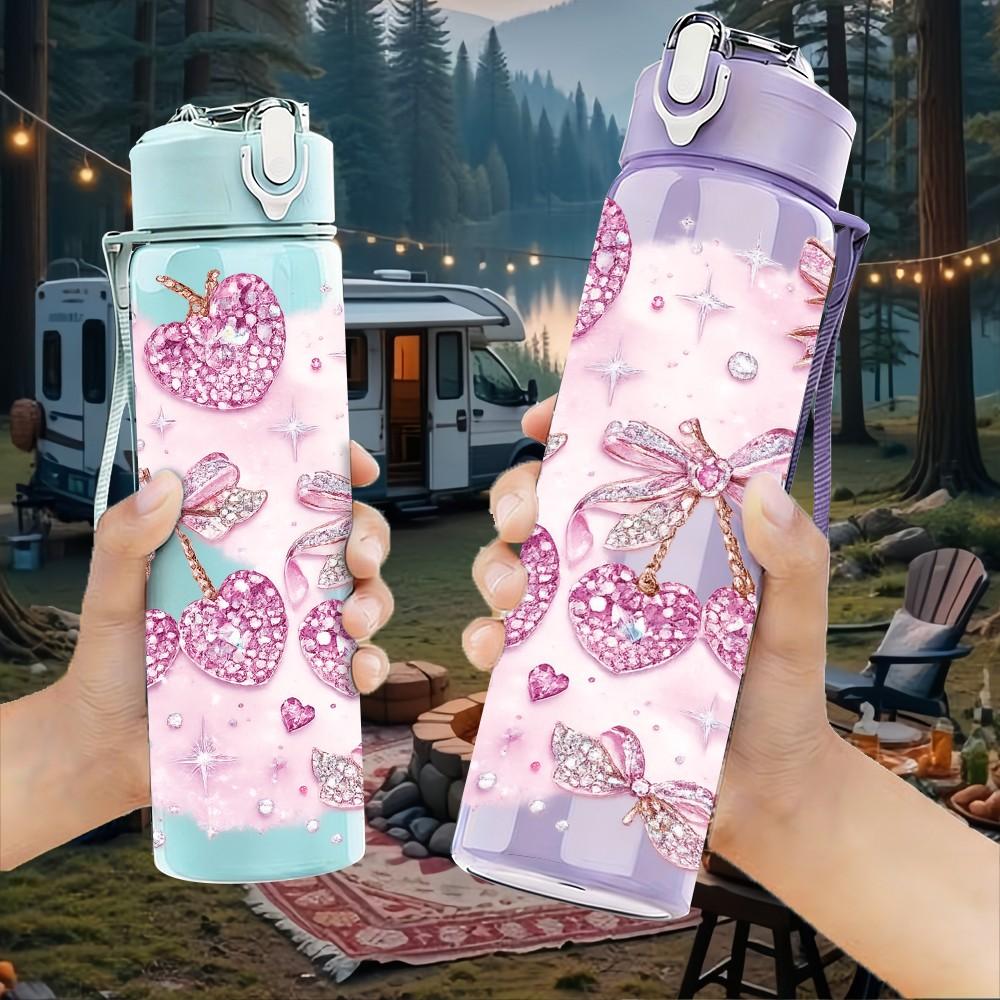 1PC Pink Bow Butterfly Decoration Print 750ml Color Plastic Sports Water Bottle Leakproof Flip Straw Lid Suitable for Sports Office Home Use