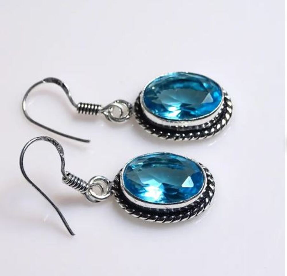 Blue topaz gemstone handmade designer birthstone gift earring solid 925 sterling silver earring, statement earring