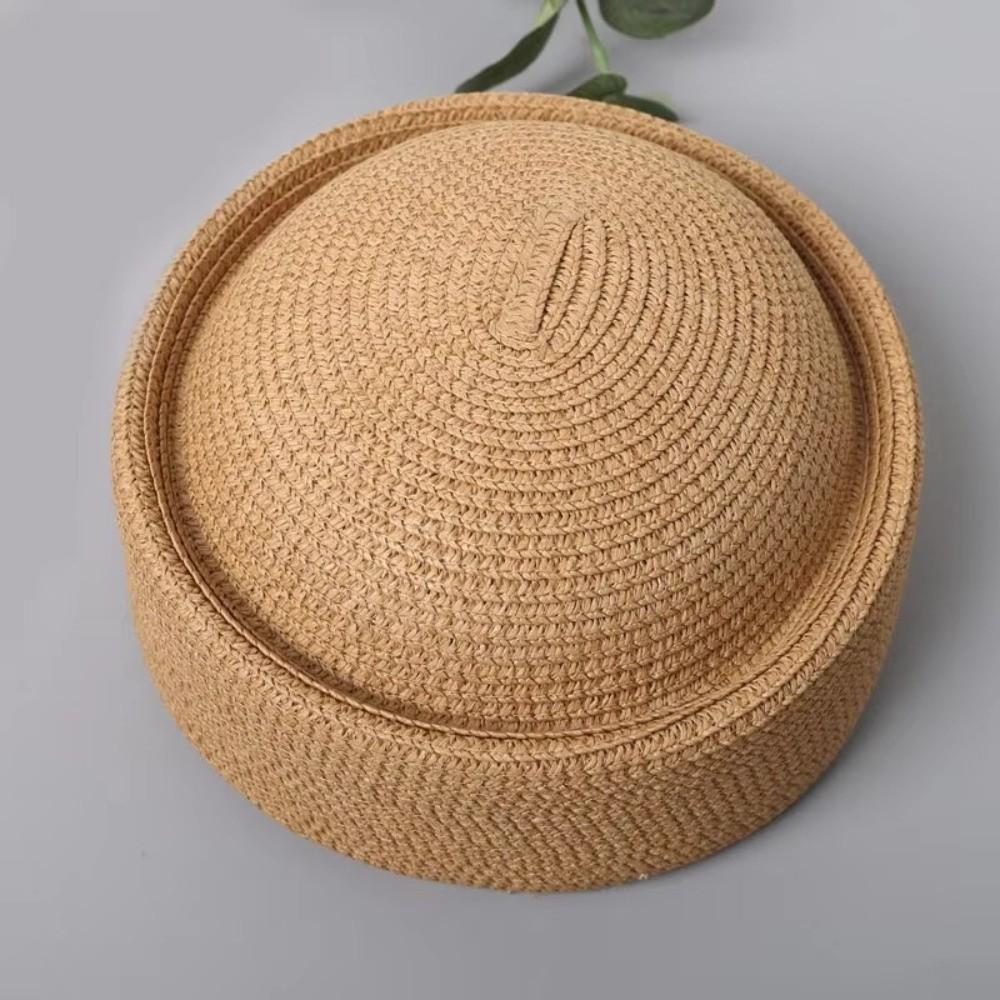 Circle Concave Top Handemad Straw Pillbox Hat Flat Top Straw Sun Hat Pillbox Cap Women Headwear