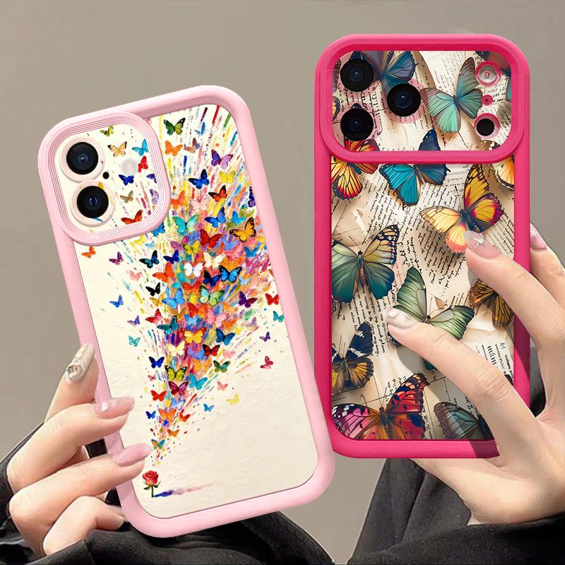 Pink Butterfly Case For iPhone 17 Pro Max Case iPhone 16 15 14 13 Pro Max 11 17e 16e Shockproof Bumper Soft Silicone Phone Cover Cases
