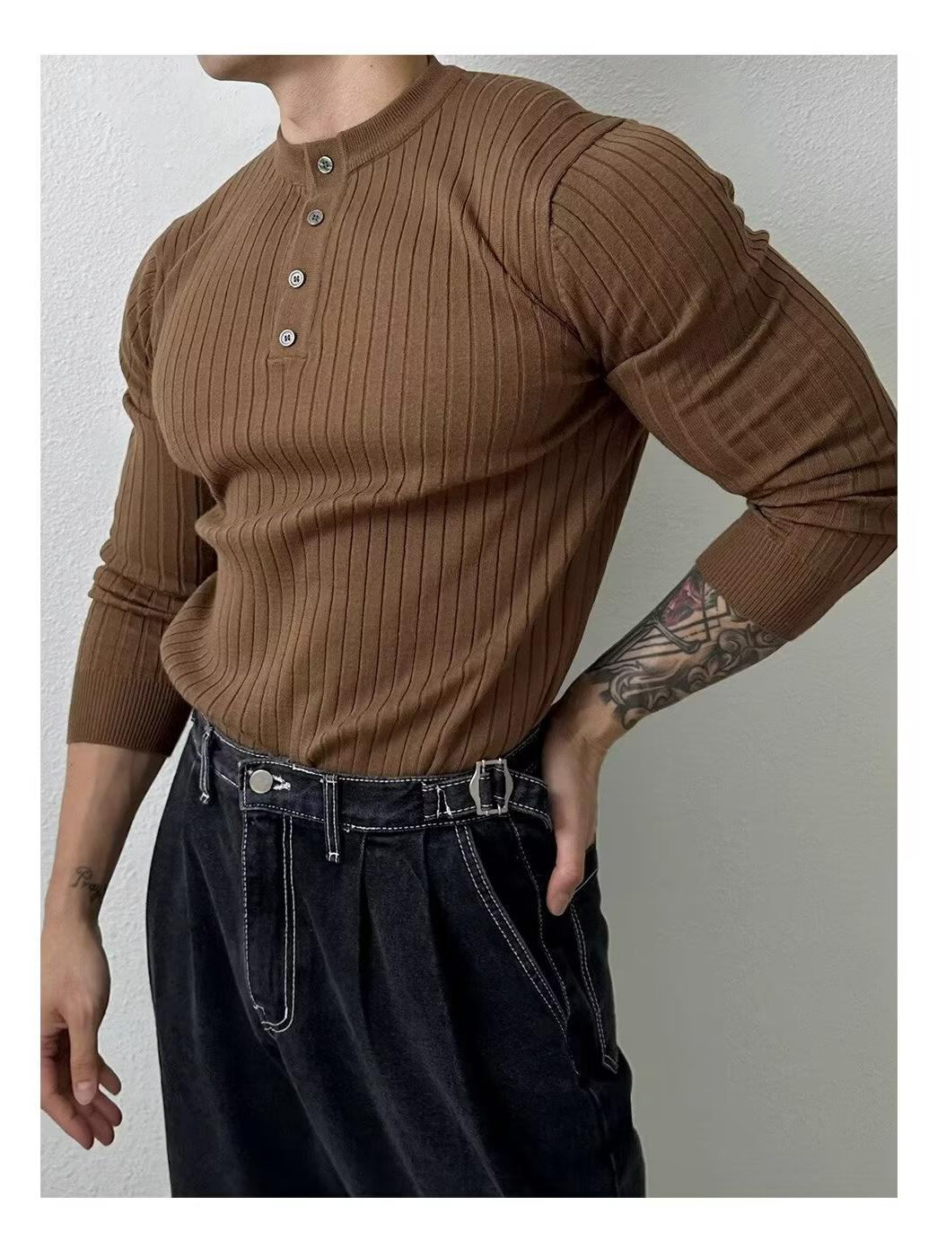 

Мужское поло с длинным рукавом, в полоску, вязаное - Осенний прилегающий к телу крой 3X Large