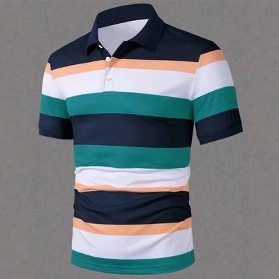 Summer Men New Short Sleeve Stripe Polo Shirt Men Business Casual Lapel Golf Polo Shirt Tops 100% Polyester