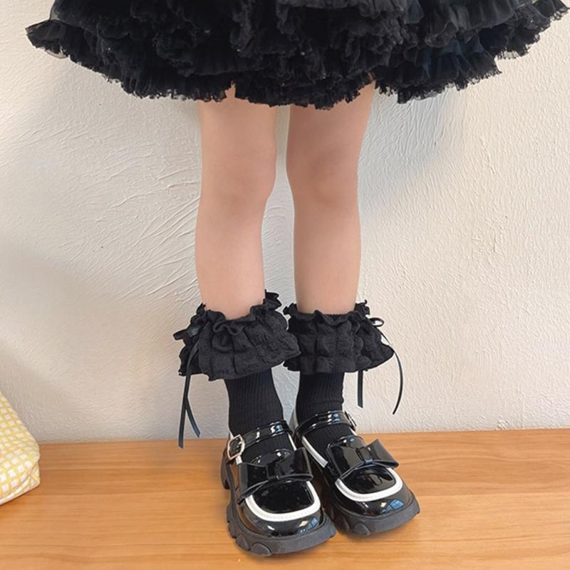 Breathable Cotton Hosiery Socks for Girls Toddler Stretchy Knee High Socks Puff Edge Lace Bows Socks for Autumn Spring
