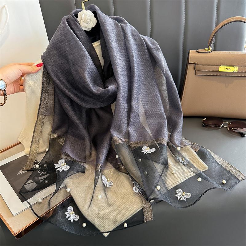 Floral Embroidery Silk Wool Scarf Luxury Women Hijab Female Foulard Pashmina Long Beach Stoles Shawl Wrap Scarves Bandana