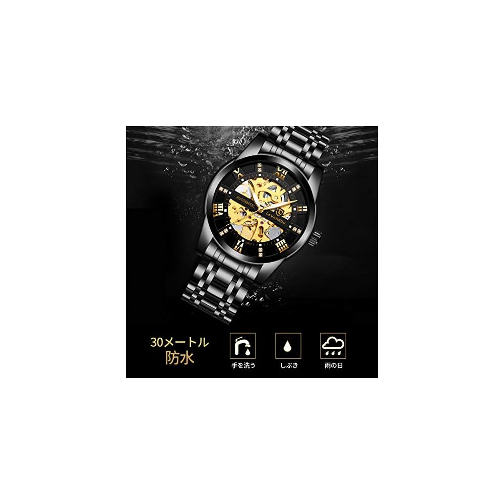 Tevise Men's Skeleton Watch Black Stainless Steel Waterproof Automatic Roman Numerals Dial