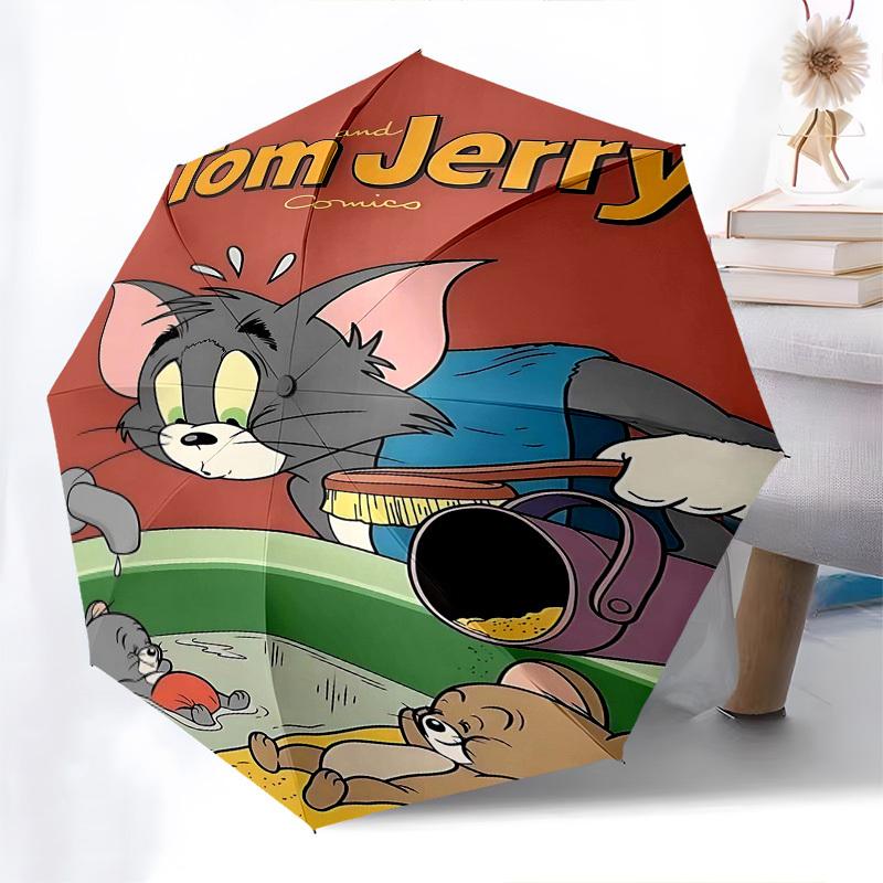 1pc Tom Jerry Automatic Folding Umbrella - Compact 8-Rib Design, Durable Plastic & Iron1461L