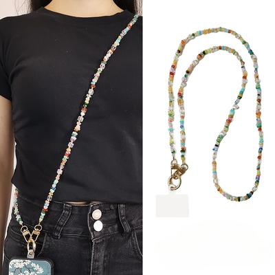 Estilo crossbody, colorido, corrente pendente de contas de açúcar com pedras trituradas, moda Instagram, pequeno e fresco, corrente traseira, estilo longo, corrente para pendurar telemóvel