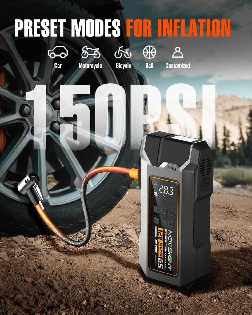 6000A 13-in-1 Portable Jump Starter with Air Compressor, 12V Power Pack for Gas/Diesel Cars, 150PSI Tire Inflator