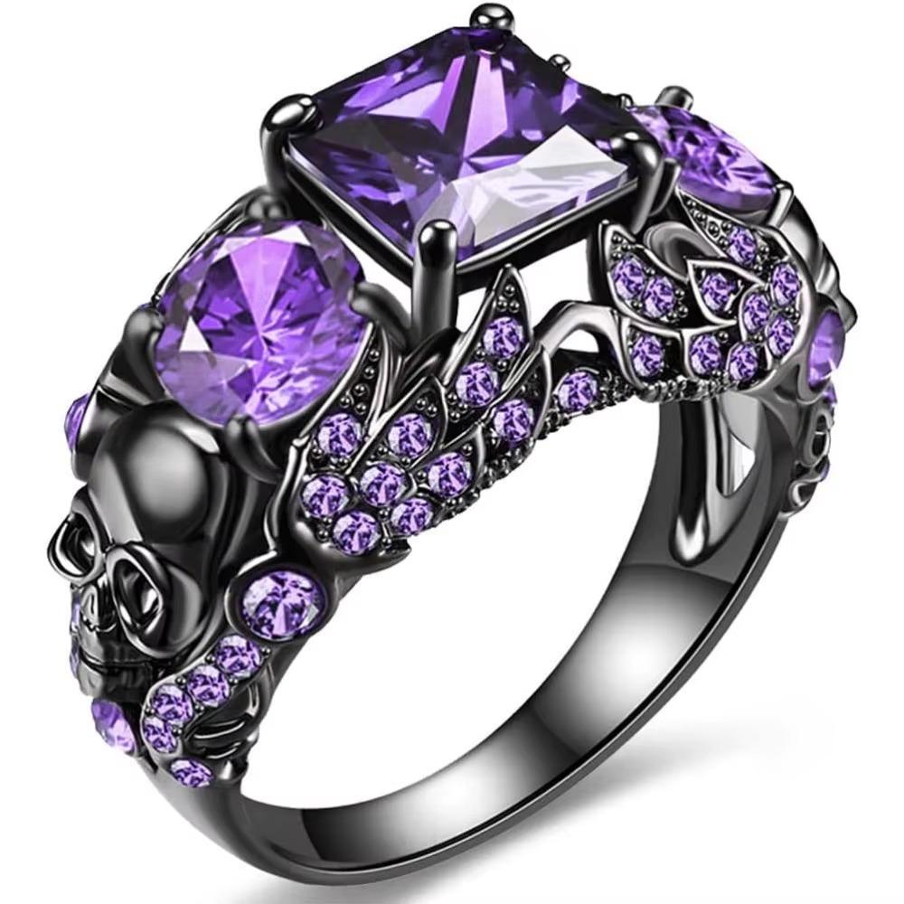 Gothic Purple Red Black Crystal Unique Black Skull Rings for Women Halloween Christmas Jewelry Gifts