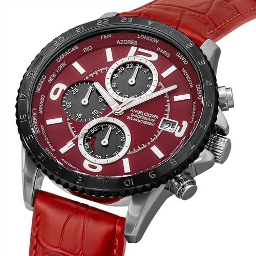 Angel Clover Men's Watch, MONDO SOLAR, Solar Battery, 10 ATM Water Resistance, Mineral Glass, Red Dial, Stainless Steel, NMOS44SBRE-RE, Red