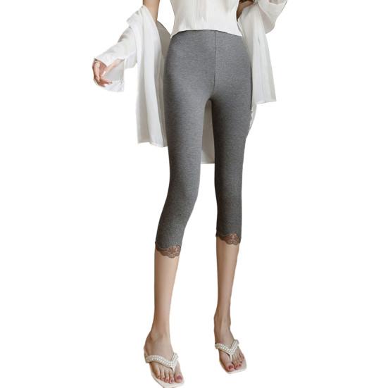 Women Cropped Leggings Elastic Tight Fit High Waist Lace Splice
