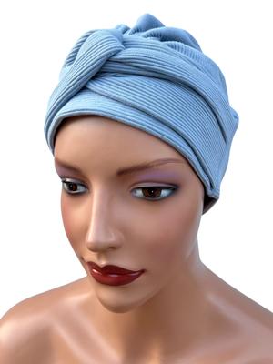 Women's Turban Sara Baby Blue Cotton Hat Striped Also for After Chemotherapy