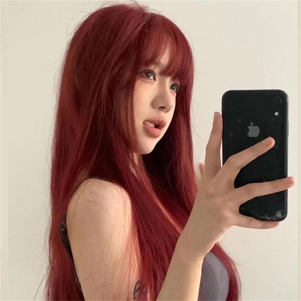 Fashion Raspberry Red Long Straight Hair Synthetic Wig with Air Bangs High Quality Women's Stylish Wig
