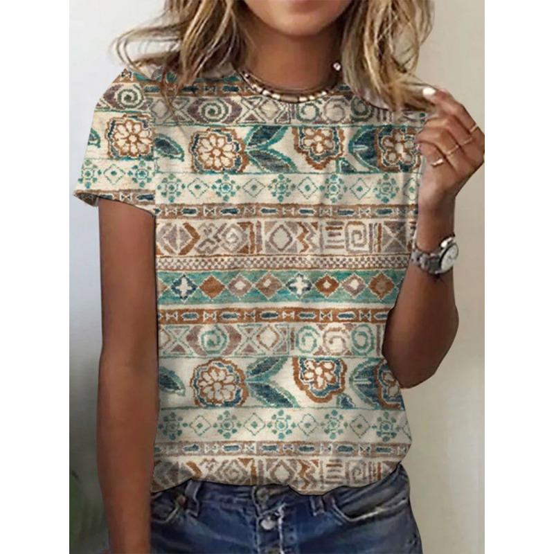 Summer Round Neck 3D Flower Print Top Fashionable Casual Short Sleeved Women's T-shirts