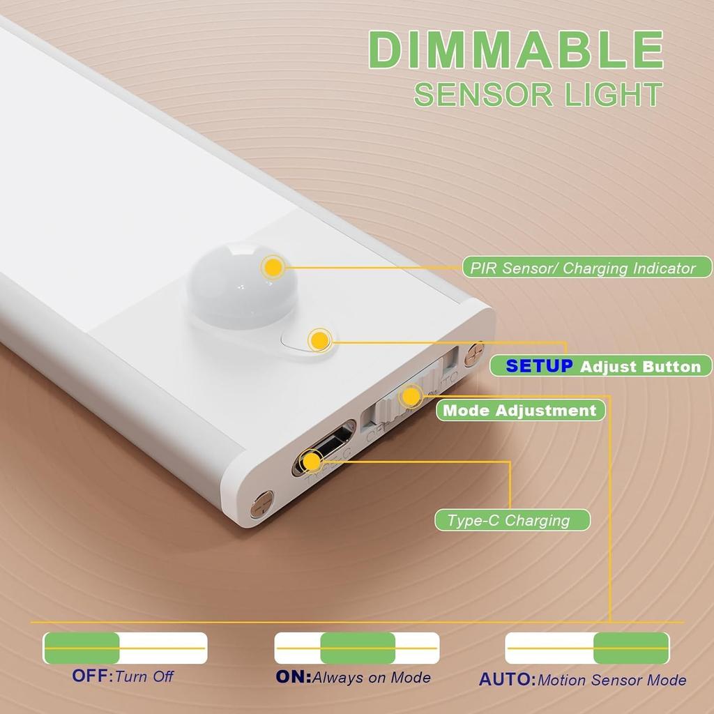 3 Color Tempers Dimmable Under Cabinet Lights Wireless[2 Pack], Rechargeable LED Motion Sensor Lighting Indoor, Magnetic Closet Lights (Silver-2