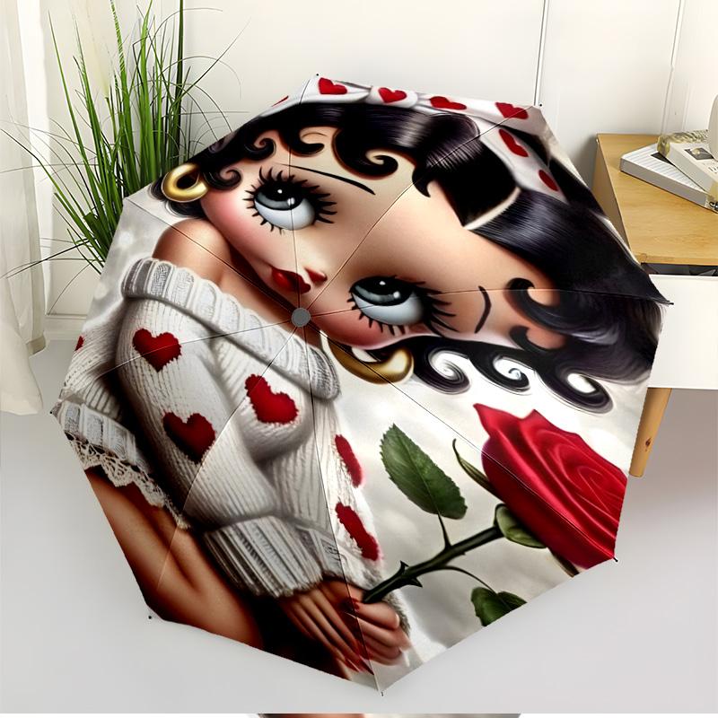 Betty Boop Print Automatic Open Close Umbrella, Portable Foldable Umbrella, for Outdoor Commute Camping Trip, Ideal Birthday Gift