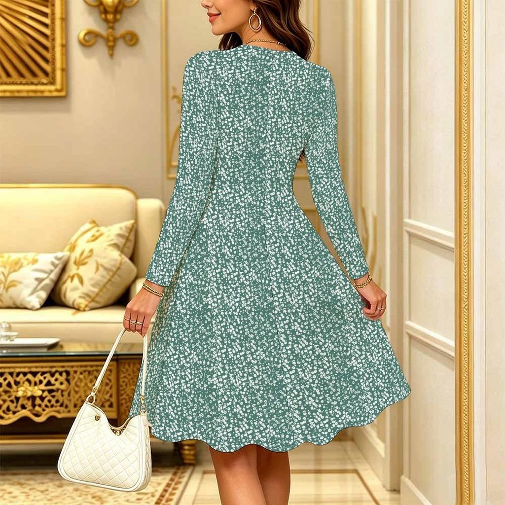Women Long Sleeve Round Neck Midi Dress Abstract Watercolor Floral Stripe Plum Blossom Dot Print Flared Casual Dress