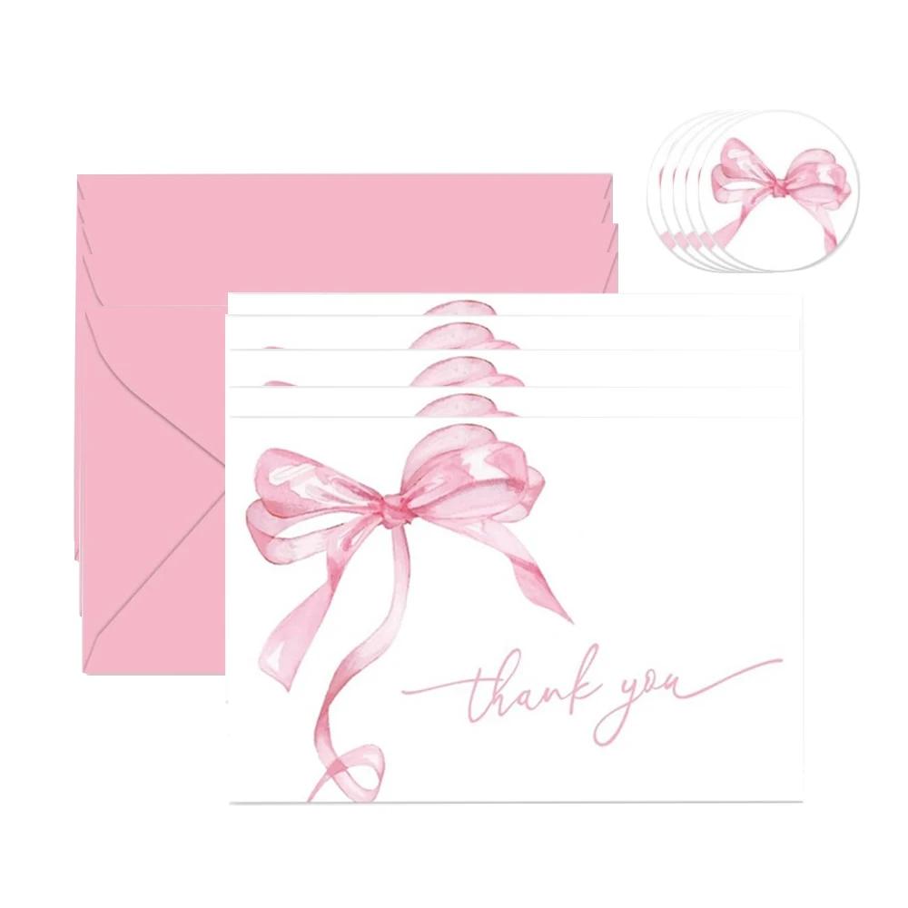 Runtow 10pcs Pink Bow Thank You Cards ,Wedding Greeting Cards with Envelopes ,Birthday Party Invitation Card