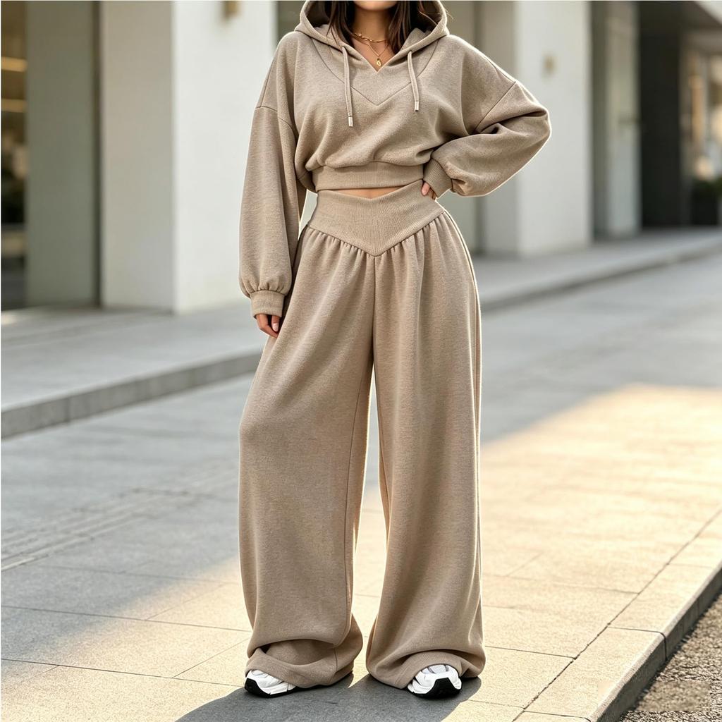 Women's Casual V-Neck Hooded Long Sleeve Sweatshirt and Pants 2 Piece Set