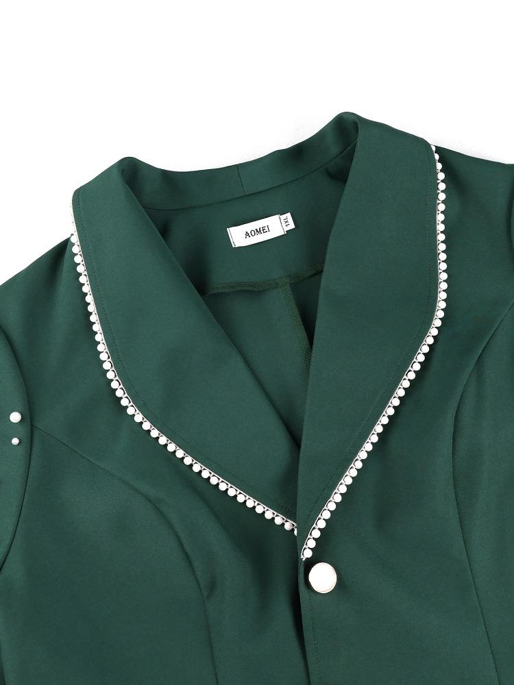 Elegant DarkGreen Turn Down Collar Long Sleeve Blazer Beaded Office Ladies Work Church Evening Party Blazer