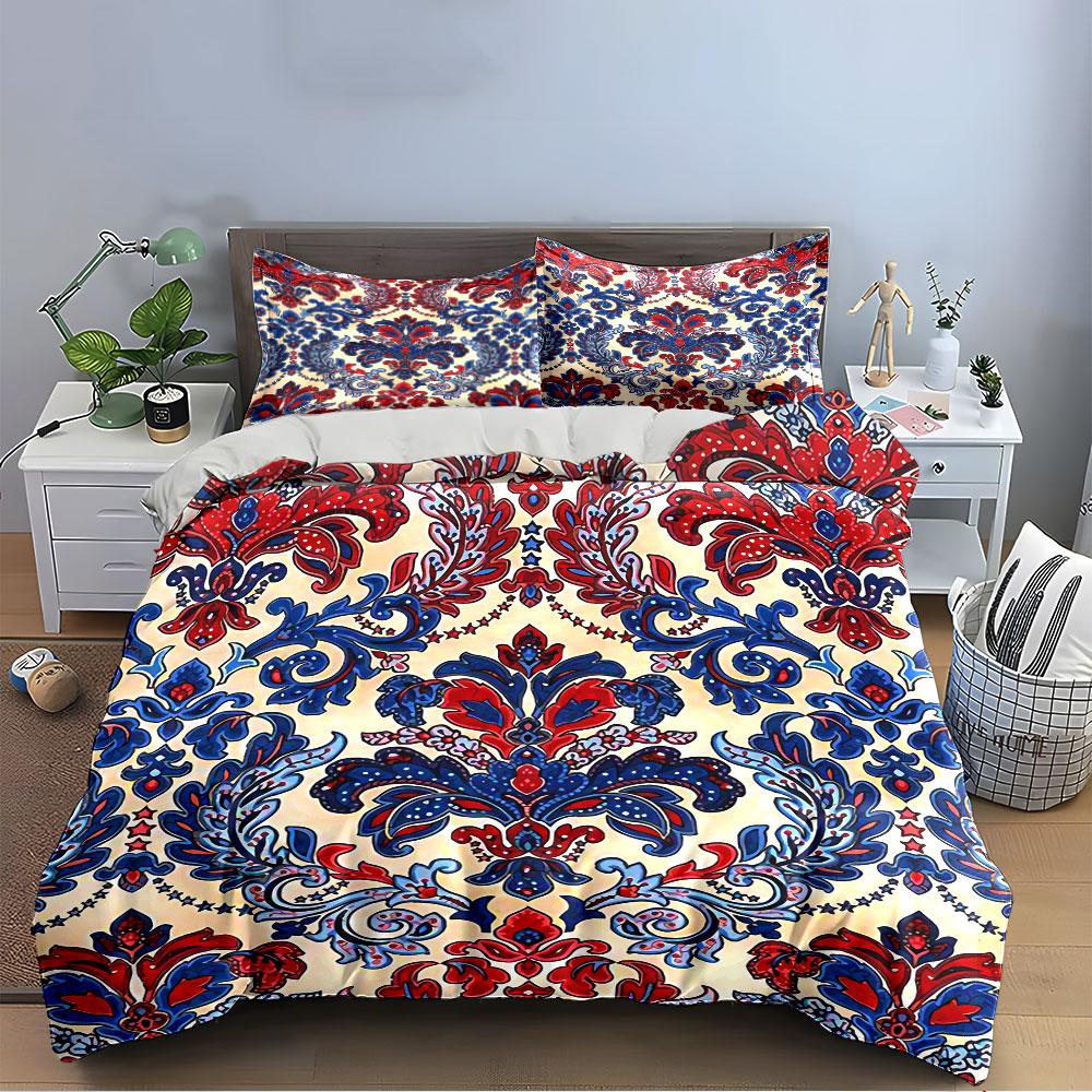 Floral Red and Blue Pattern Bedding Duvet Cover Set Duvet Cover Pillowcases  (1*Duvet Cover 2*Pillowcases, without duvet insert)