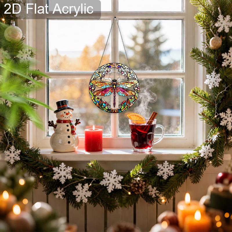 Acrylic Colorful Dragonfly Floral Suncatcher, Stained Glass Effect Window Hanging Ornament for Nature Lover Gifts
