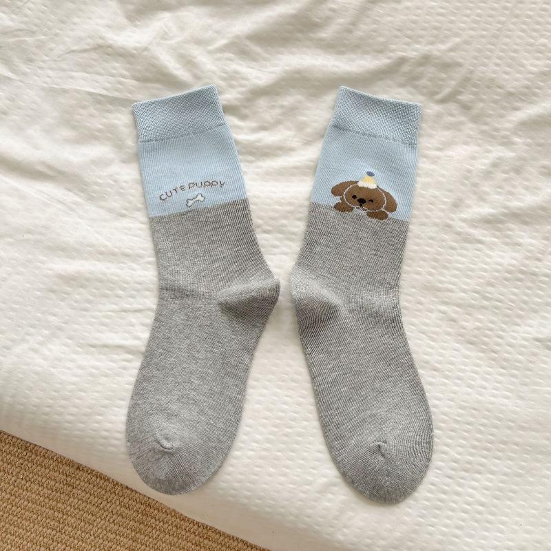 Pure Cotton Women's Autumn and Winter Gentle Color-blocking Cartoon Pile Socks, Cute Style, Versatile AB Style Mid-calf Socks