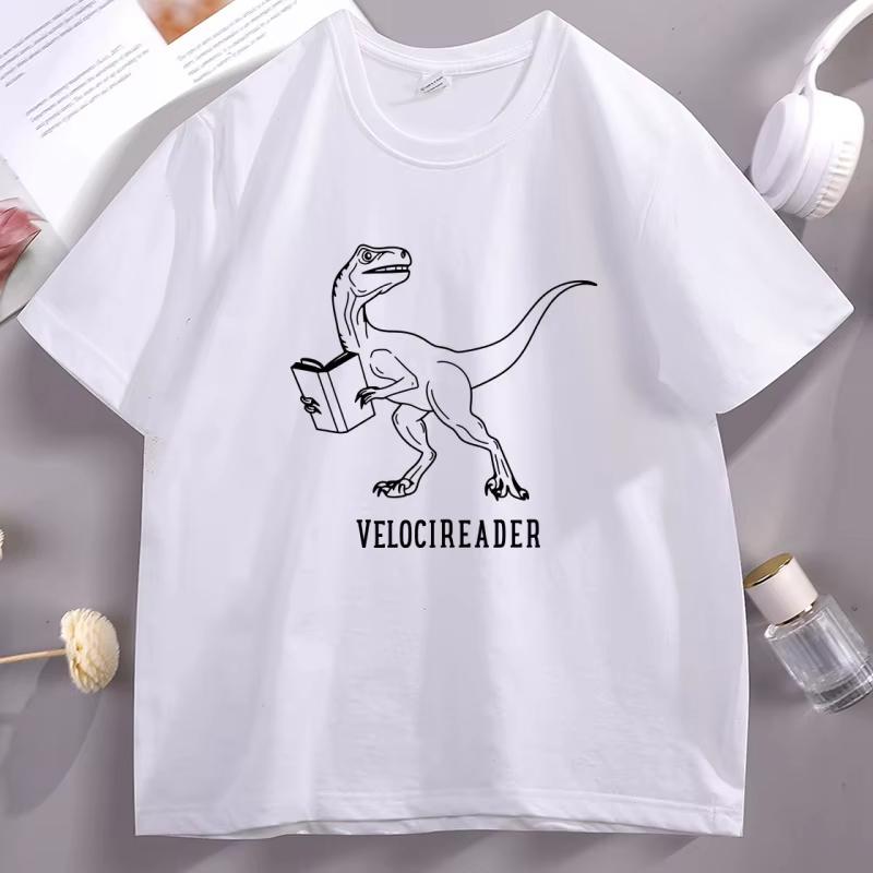 Velocireader Book T Shirt Women Dinosaur Reading T-Shirt Book Lover Bookworm Short Sleeve Tshirt Clothes Tops S