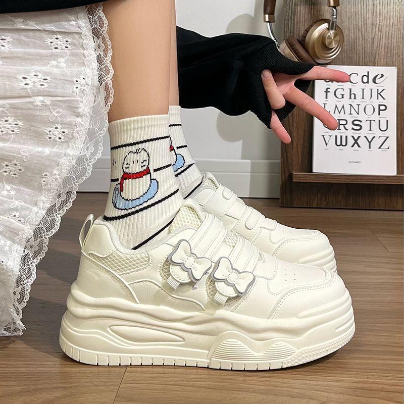 Super soft cherry blossom powder butterfly 22 spring new with skirt thick-soled round head board shoes