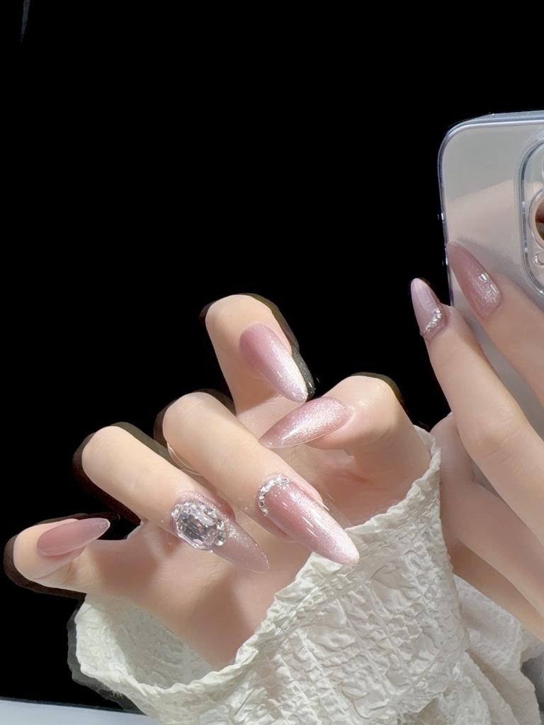 Original Photographyhandmade Nail Patch For Therapy New Trendy Luxury Long Cat Eye Nail With Sparkling Gems S44 Almond Love Girl)