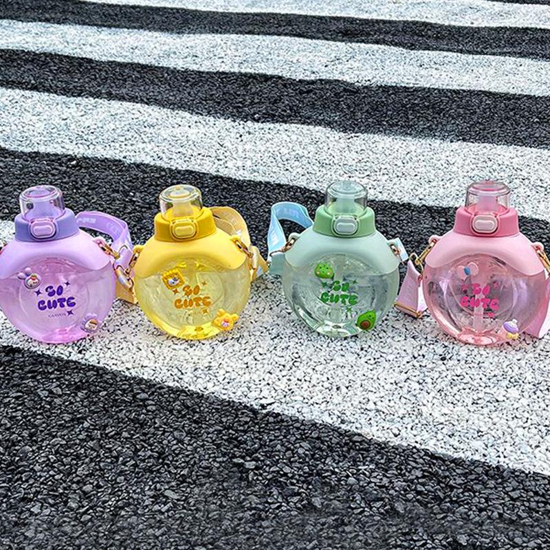 500ML Transparent Flat Water Bottle With Straw BPA Free Cute Summer Portable School Children Fall-proof Plastic Cups