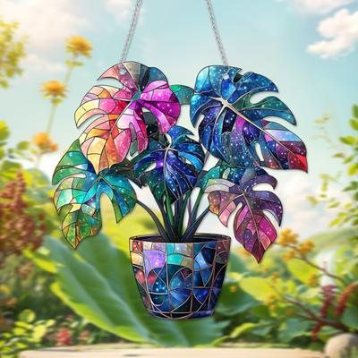 2D Flat Clover Ornament Stained Acrylic Window Suncatcher Monstera Leaf Hanging Ornament Greenery