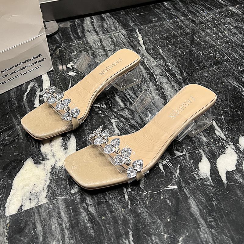 Fashion Shoes Female 2025 New Open Toe Women's Slippers Fashion Crystal Outdoor Dress Summer Square Toe Best Seller Heels Women Zapatos