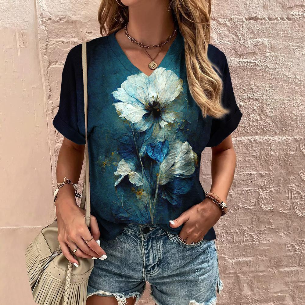 Women's Summer V-neck T-shirt Flower Printed Casual Tops Cubic Sleeve T Shirt Fashion Street Pullover OverSize Women's Clothing