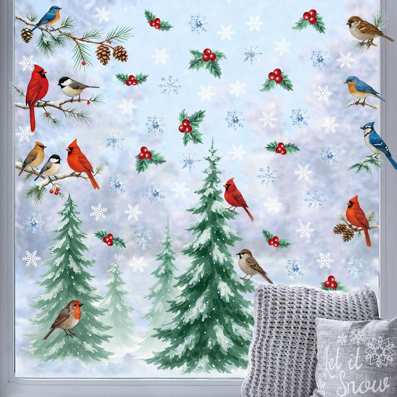Christmas Decorations, Christmas Tree Branches, Red Birds, Christmas Birds, Glass Window Decorations, Stickers, Self-adhesive Wall Stickers