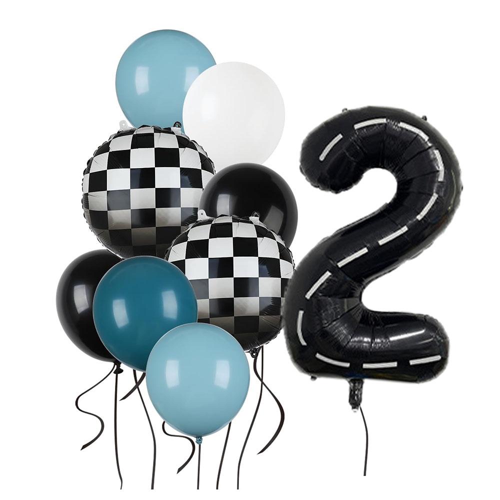 9pcs Race Car Balloons Set Checkered Balloon Blue Black Balloon Boys One Happy 1st 2nd Vintage Two Fast Theme Party Number Decor