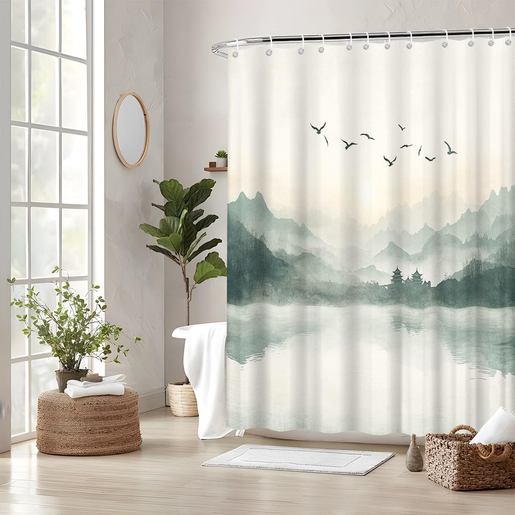 Misty Mountain Sunrise Shower Curtain - Serene Nature Scene with Birds, Machine Washable,12 Hooks, 70.8x70.8In,Modern Bath Decor